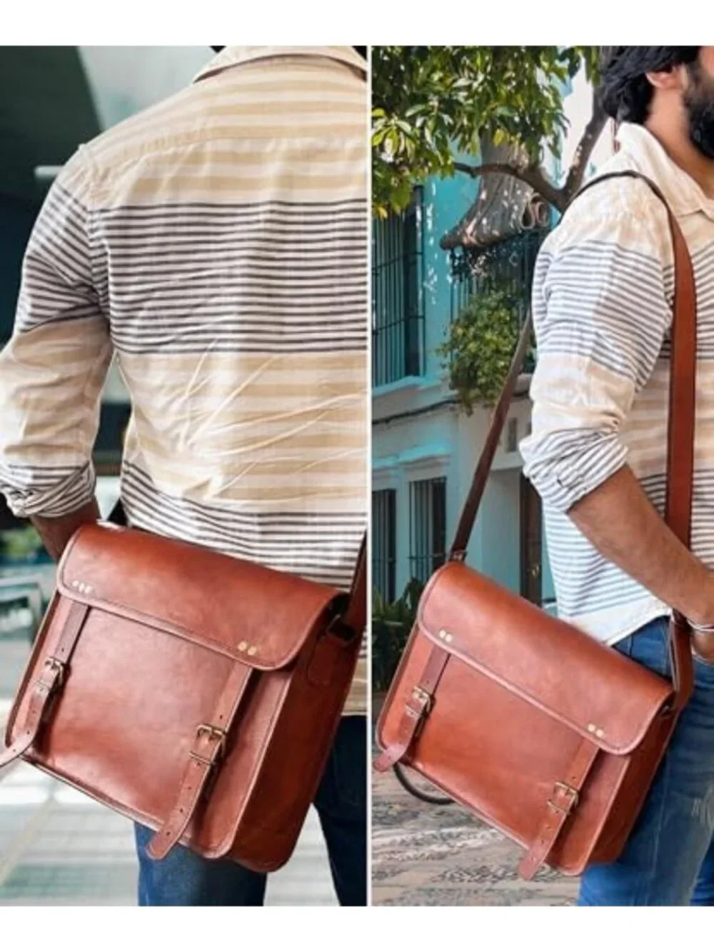 Stylish Full Grain Leather Messenger Bag - Unisex Laptop Satchel for Office Use